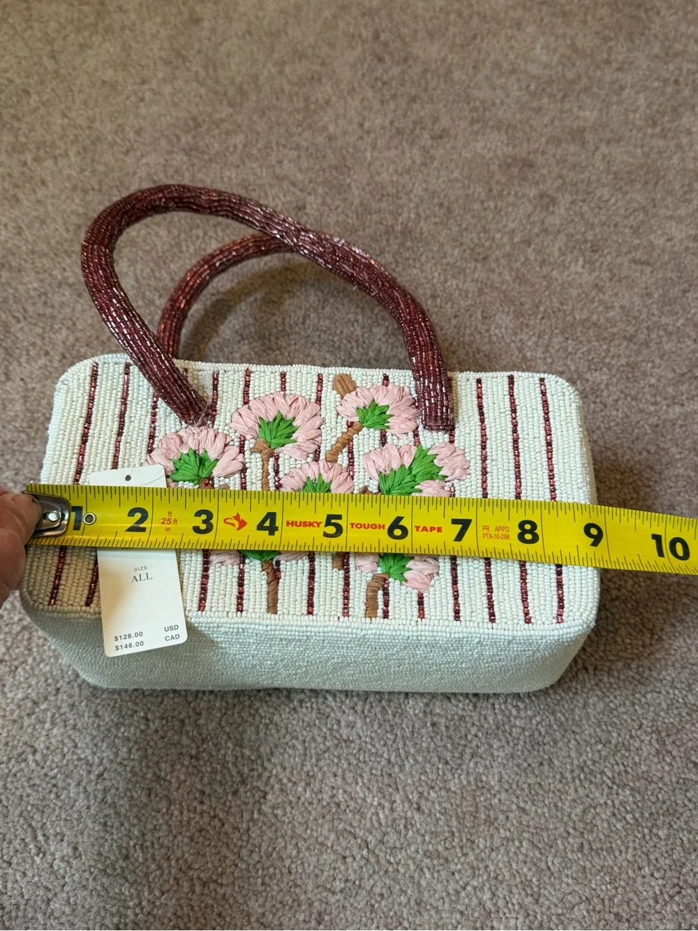 NWT new Anthropologie beaded box shaped bag purse floral cream burgundy stripe